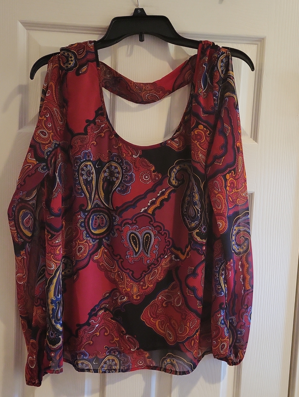 Sunny Leigh Red Boho Paisley Cold Shoulder Blouse Top Size XL